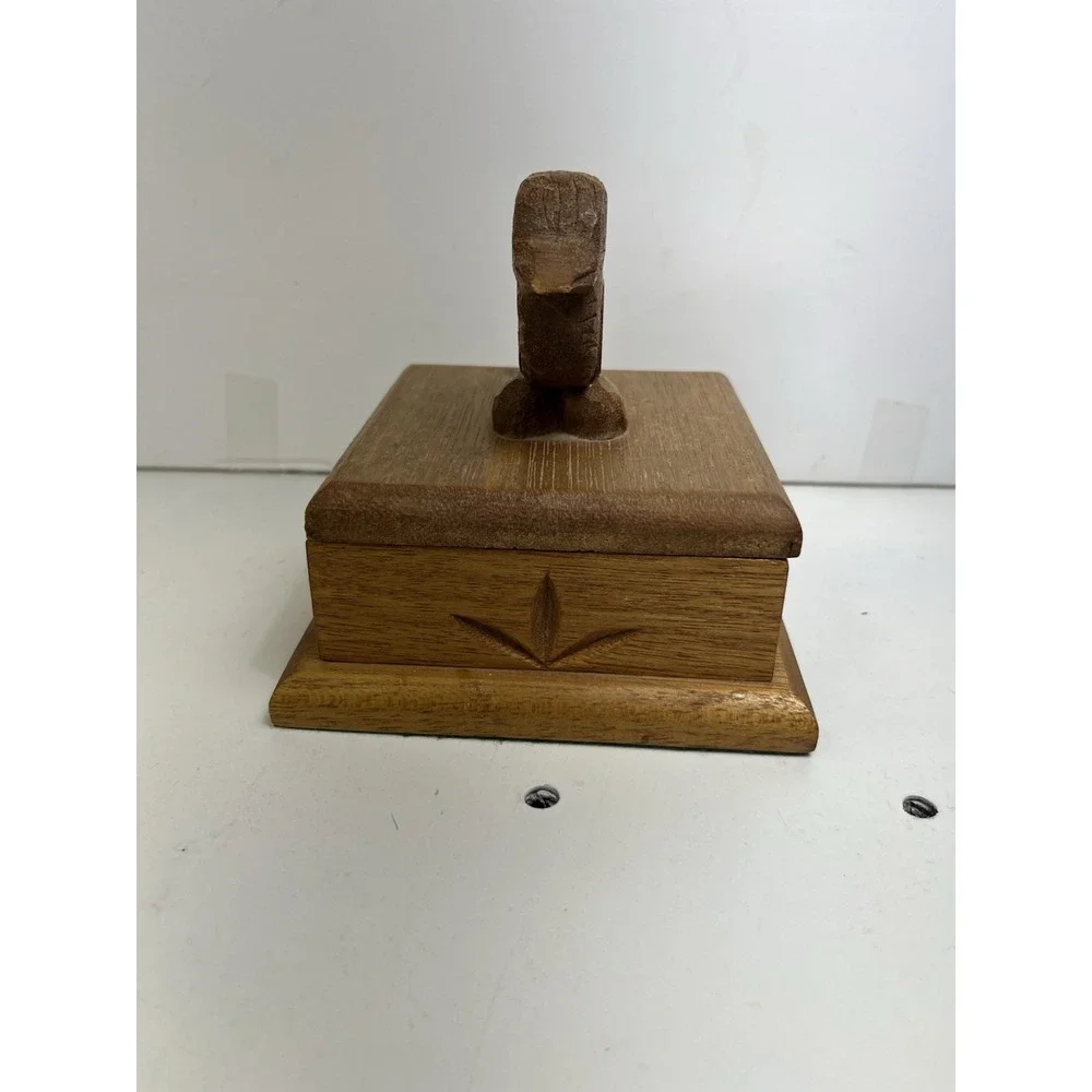 Vintage Hand Carved Wooden Bird Trinket Box Folk Art Boho Cottagecore Decor